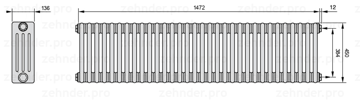 Схема (чертеж) Радиатор Zehnder Charleston 4045/32 №7610 Белый глянцевый RAL 9016